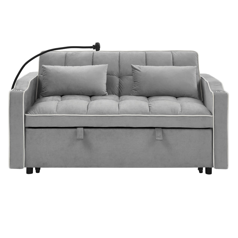 55.51 inch versatile foldable sofa bed in 3 lengths, modern sofa sofa sofa velvet pull-out bed, adjustable back and with USB port and ashtray and swivel phone stand (Grey)