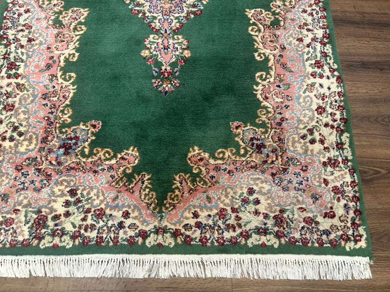 Green Persian Kerman Rug 4x6, Semi Open Field, Green & Cream, Vintage
