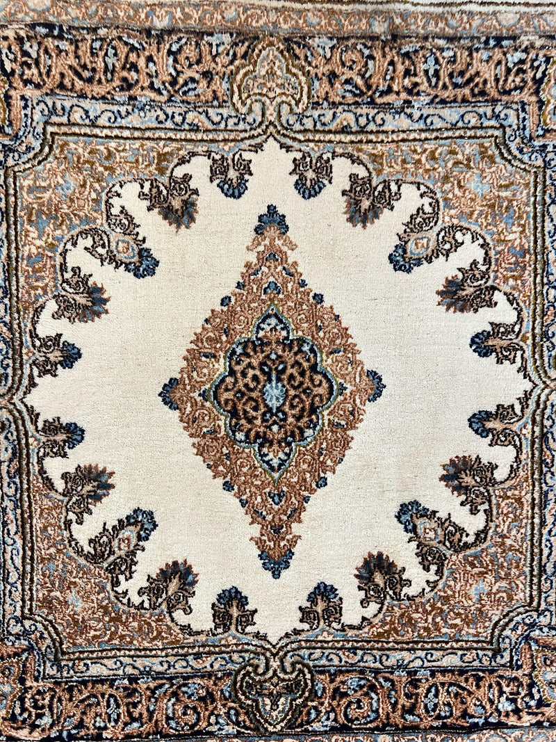 Square Persian Kirman Rug 4x4, Semi Open Field, Handmade