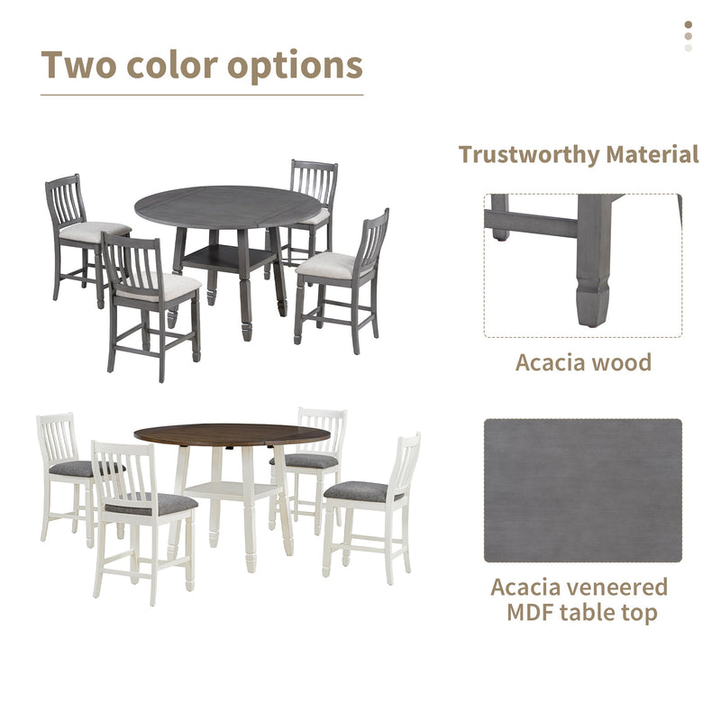 5-Piece Counter Height Dining Table Set in 2 Table Sizes with 4 Folding Leaves and 4 Upholstered Chairs for Dining Room (Gray+Beige Cushion)