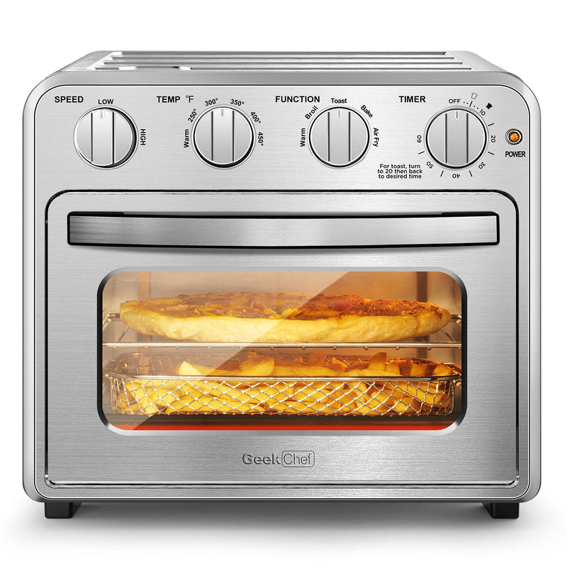 Geek Chef Air Fryer Toaster Oven Combo, 4 Slice Toaster Convection Air Fryer Oven Warm, Broil, Toast, Bake, Air Fry, Oil-Free, Accessories Included, Stainless Steel, Silver (16QT Air Fryer Oven)