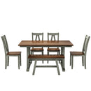 6-Piece Wood Dining Table Set Kitchen Table Set with Long Bench and 4 Dining Chairs, Farmhouse Style, Walnut+Gray