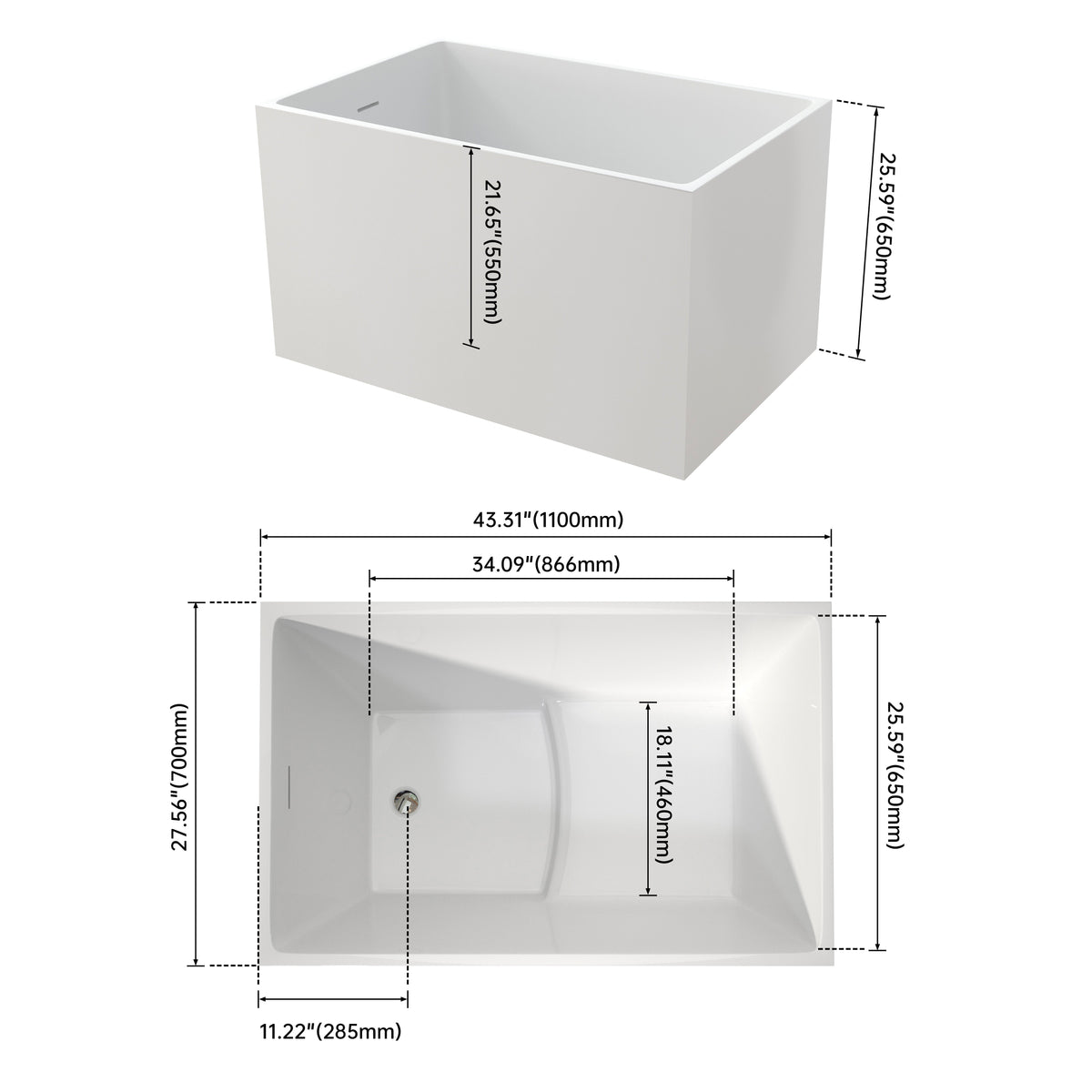43" Acrylic Freestanding Bath Tub Modern Soaker Tub, photo 6 of 6