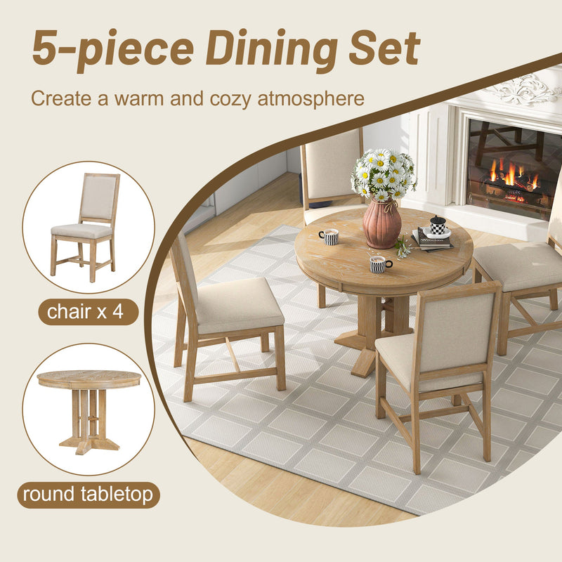 5-Piece Dining Set Extendable Round Table and 4 Upholstered Chairs Farmhouse Dining Set for Kitchen, Dining Room(Natural Wood Wash)