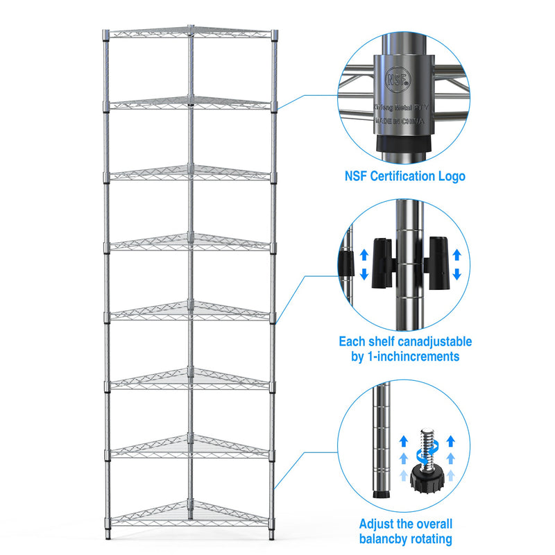 8 Tier Triangles Corners Wire Shelving Unit, NSF Height Adjustable Metal Storage Shelves, Heavy Duty Storage Wire Rack Metal Shelves - 82" H x 20" L x 20" D - Chrome