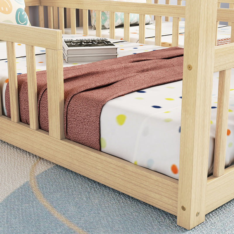 Double Twin House-Style Floor Bed with Fence, Guardrails, without door, Natural(Old Sku:W504P143318)