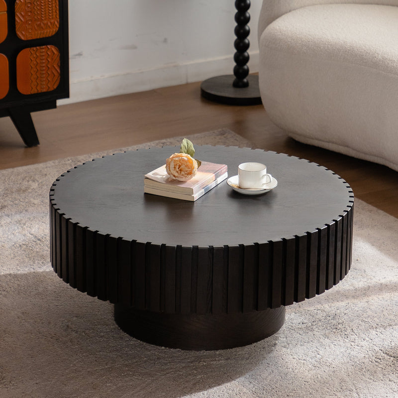 Round Coffee Table Handcrafted Relief Sturdy Pedestal Wooden Olive-Shaped Tea Table for Living Room