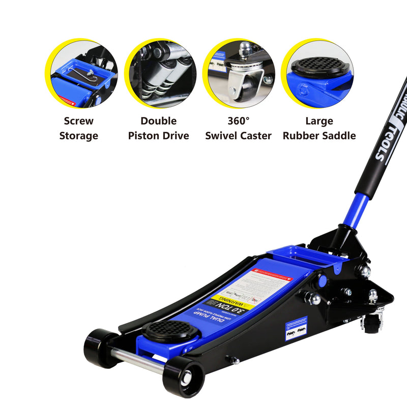 3t Low Profile Jack, Blue and Black, Ultra Low Floor Jack with Dual Pistons Quick Lift Pump, Car Jack Hydraulic AutoLifts for Home Garage, Truck Jack Hydraulic