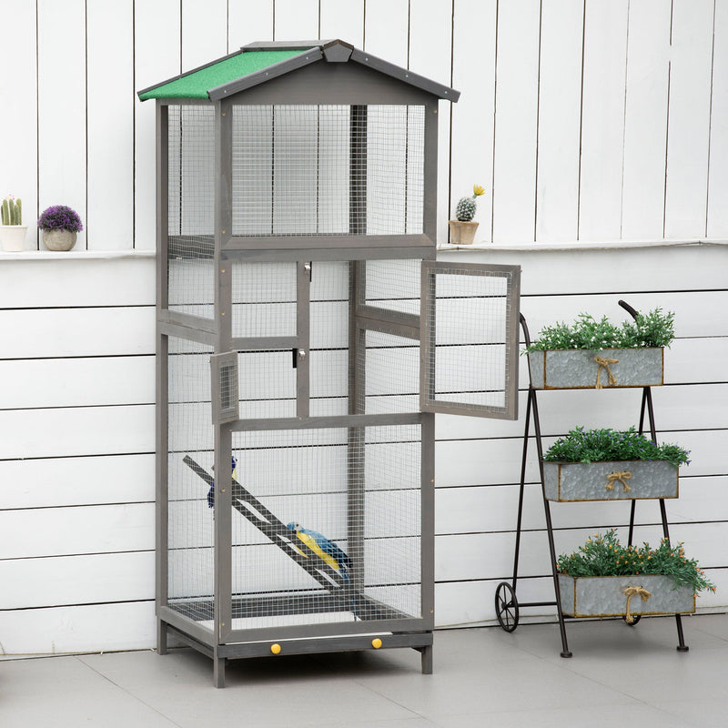 65" Wooden Bird Cage Outdoor Aviary House for Parrot, Parakeet, with Pull Out Tray and 2 Doors, Grey