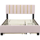 Queen Size Upholstered Platform Bed with 2 Drawers and 1 Trundle, Classic Metal Strip Headboard Design, Pink
