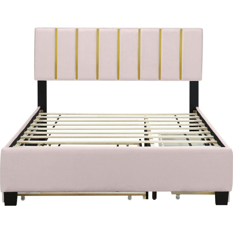 Queen Size Upholstered Platform Bed with 2 Drawers and 1 Trundle, Classic Metal Strip Headboard Design, Pink