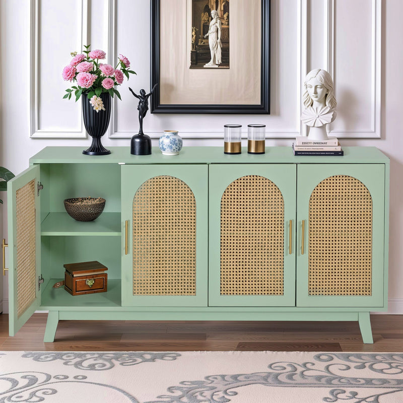 59.84"Modern 4-Door Cabinet with Rattan Decorative Doors,for Bedroom,Living Room,Office,Easy Assembly, Mint Green