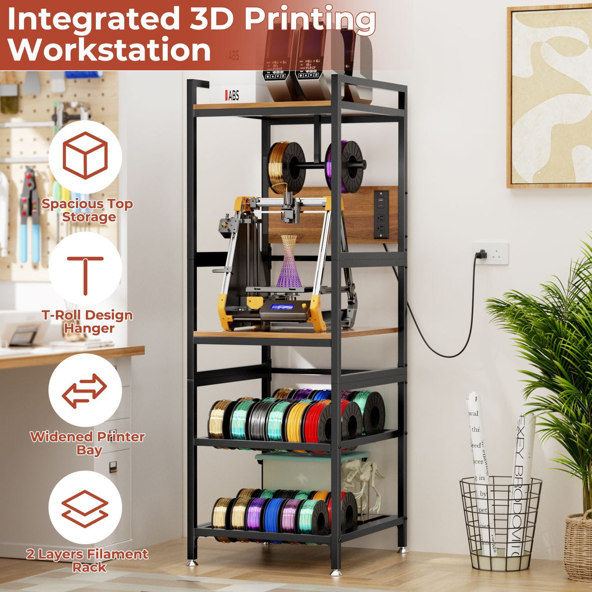 3D Printer Stand With Filament Storage, T-Type Holder, Built In Power Panelб Open Frame Printer Workstation - Black, photo 8 of 10