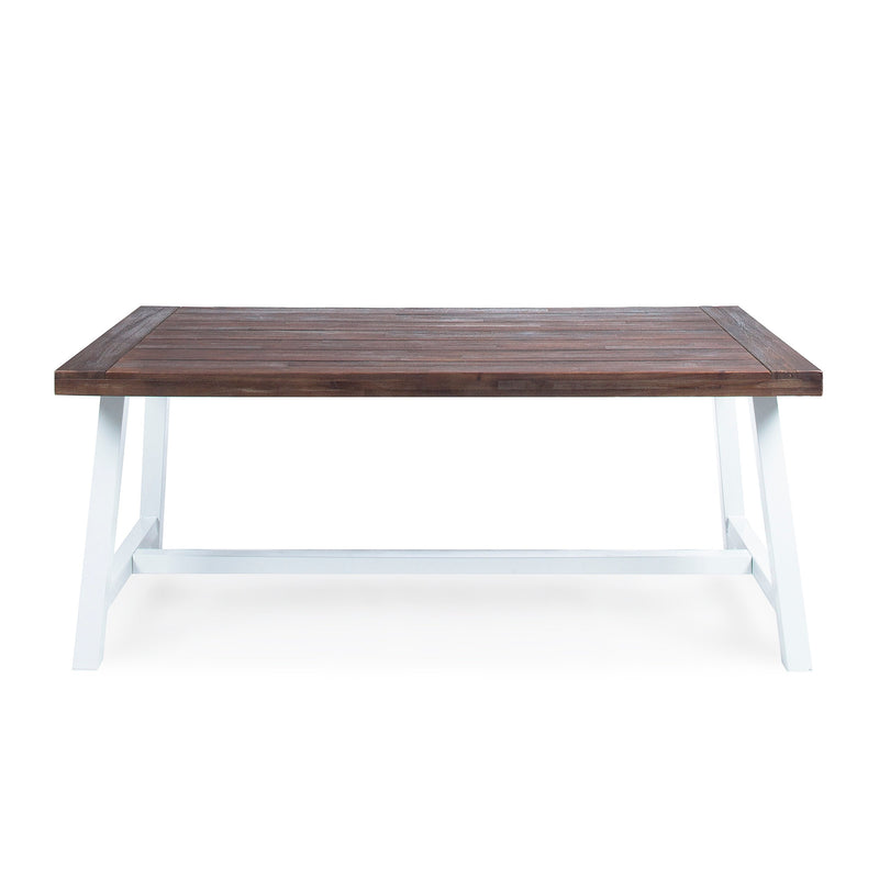 Outdoor Dark Brown Sandblast Finish Acacia Wood Dining Table with White Rustic Metal Frame, Weather Resistant