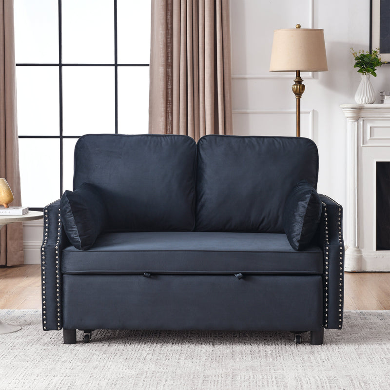 50" Velvet Upholstered Sleeper Sofa bed with Side Storage Pockets, Nailhead Design, 2-Seater Sofa with 2 Pillows and removeable Backrest Pull-out Sofa Bed for Small Spaces in Living Rooms