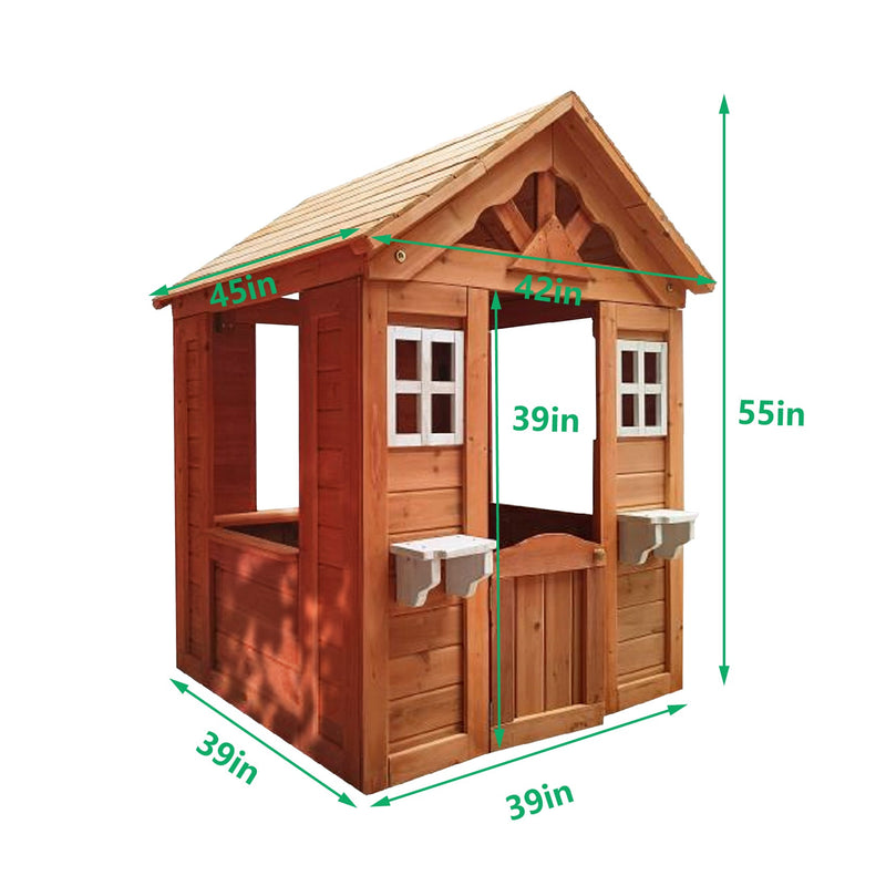 All Wooden Kids Playhouse with 2 windows and flowerpot holder,42"Lx46"x55"H,Golden Red