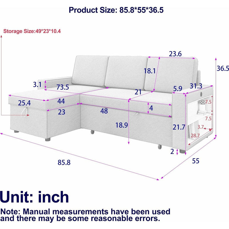 85.8" Pull Out Sleeper Sofa L-Shaped Couch Convertible Sofa Bed with Storage Chaise And Storage Racks,With USB Port And T-pyce Port