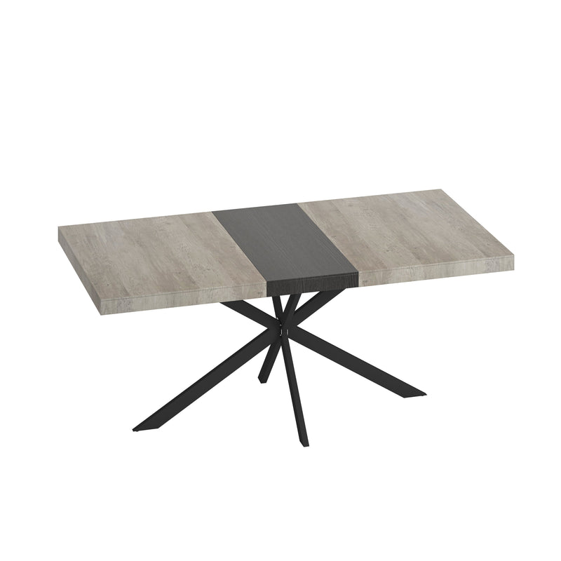 55.11" -70.86"Retro Rectangular Stretch Dining Table, Grey Carole Top With Black Embossed Center Plate, Black Fine Sand Cross Iron Foot Base Dining Table, With Storage Box.