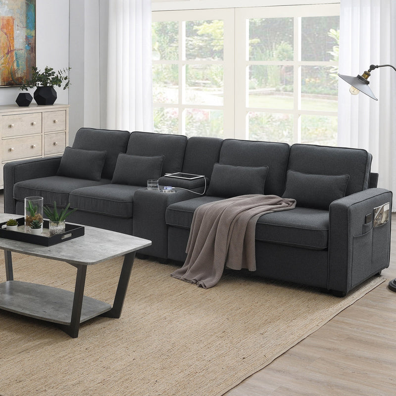 Walker Edison | Modern Linen 114" Sofa with Console and USB