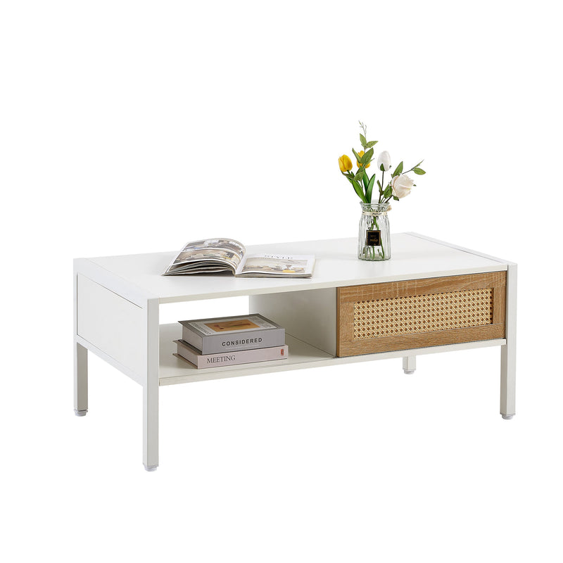 40.16" Rattan Coffee table, sliding door for storage, metal legs, Modern table for living room, white