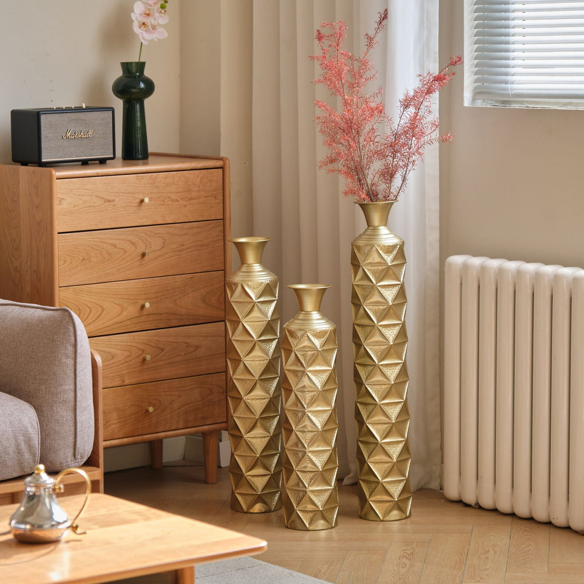Metal Decorative Vase High Distress Metal Center Vase With 3D Triangle Pattern, (Set of 3) Vases For Home Decoration - Gold, photo 14 of 18