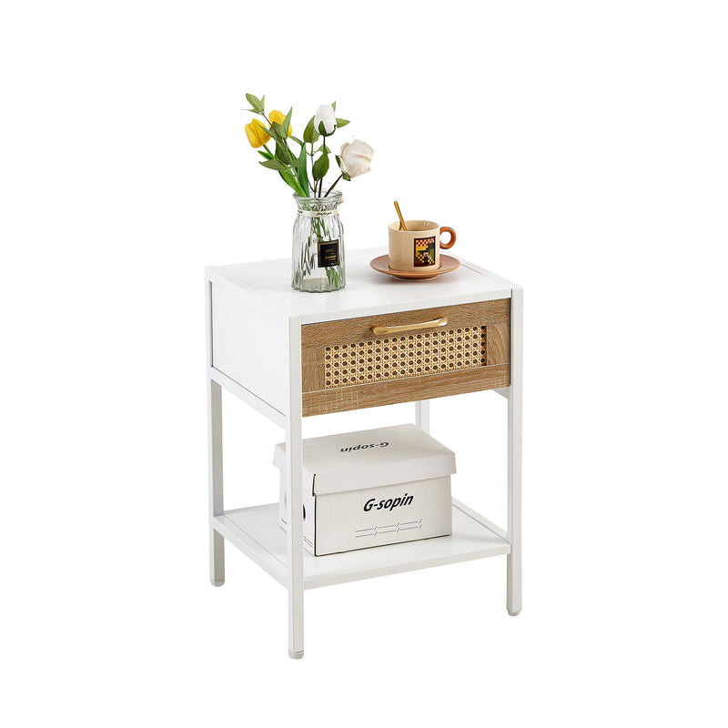 15.74" Rattan End table with drawer, Modern nightstand, metal legs,side table for living room, bedroom,white(1 pc)