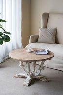 Round Wooden Coffee Table With Distressed Scrollwork Legs - Multicolor by HouseOfZazla