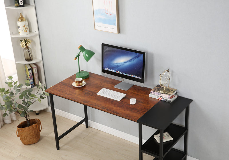 55-inch oversized computer desk, small study desk with wooden storage shelf, 2-layer industrial modern laptop desk with splicing board, (black and Rustic Brown)
