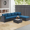 7 Pieces Outdoor Patio Furniture Set,Sectional Conversation Sofa Of Corner Chairs,Ottomans And Glass Top Table,All Weather PE Rattan and Steel Frame With Removable Cushions(Coffee+Peacock blue)