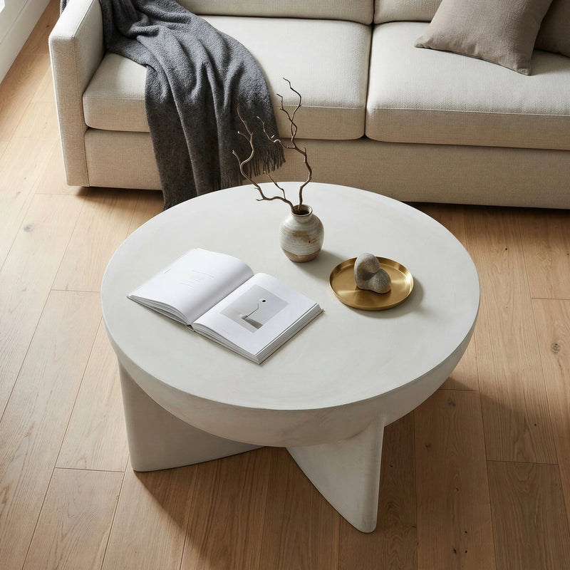 Matte White Round Coffee Table, Magnesium Oxide Sculptural Tripod Base, photo 6 of 9