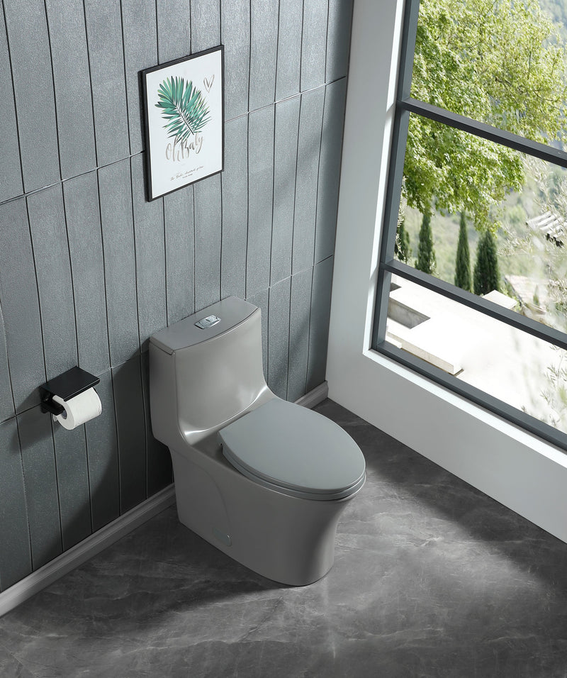 15 1/8 Inch 1.1/1.6 GPF Dual Flush 1-Piece Elongated Toilet with Soft-Close Seat - Light Grey