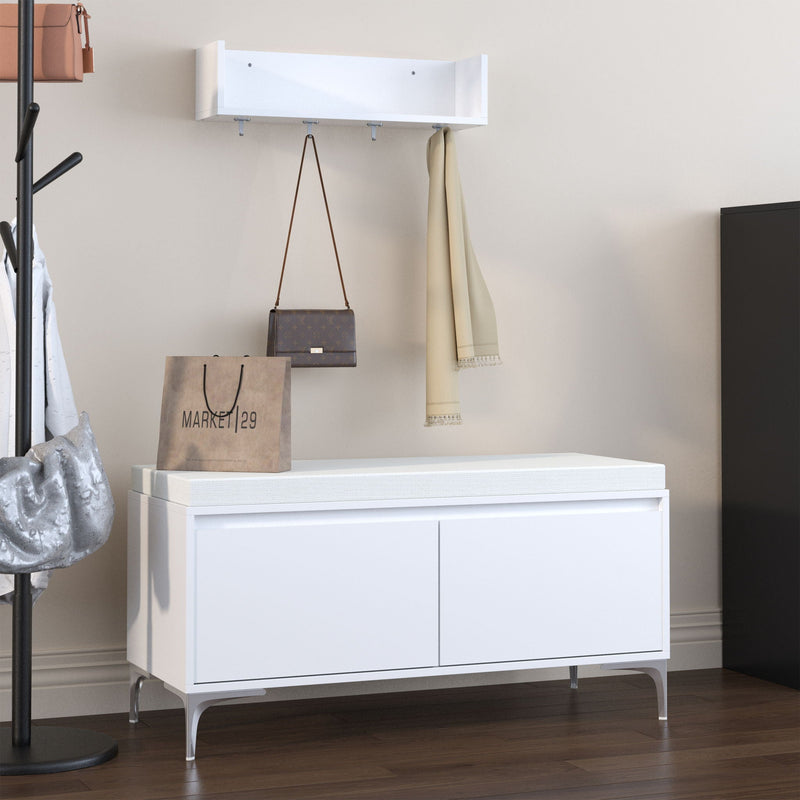 Wall Mounted Entryway Shelf With Hooks And Storage Bench Set - Off White, photo 5 of 7