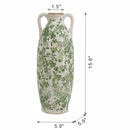 5.9x5.9x15.6' White Ceramic Flower Vase with Green Floral Pattern and Small Handles by HouseOfZazla