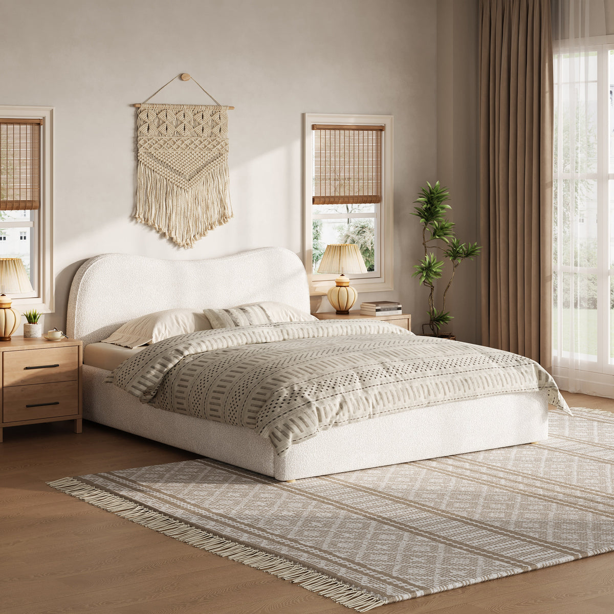 King Size Upholstered Platform Bed with Wooden Slats, photo 2 of 10