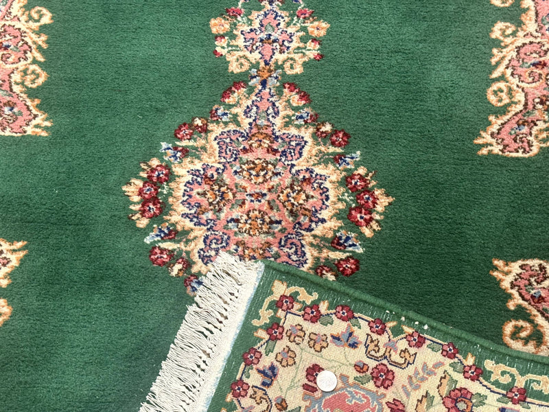 Green Persian Kerman Rug 4x6, Semi Open Field, Green & Cream, Vintage