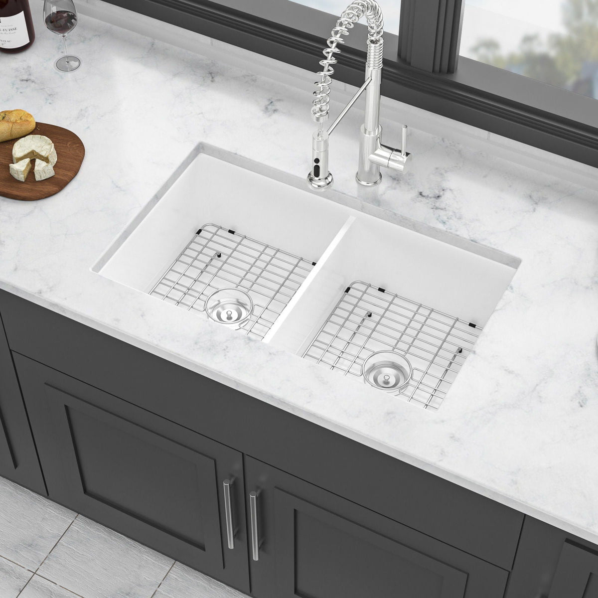Elegant Dual Mount 32" Undermount Double Bowl Ceramic Kitchen Sink - White, photo 6 of 8