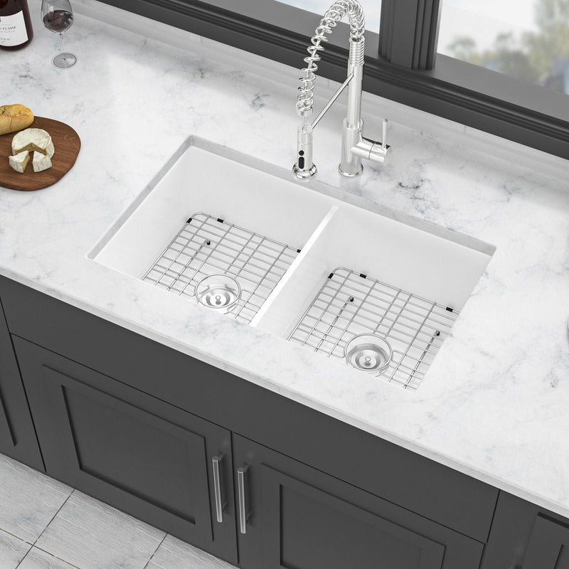 Elegant Dual Mount 32" Undermount Double Bowl Ceramic Kitchen Sink - White, photo 6 of 8