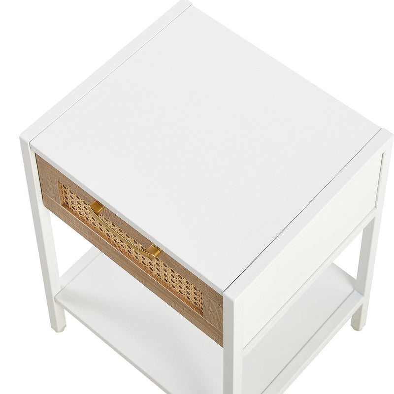 15.74" Rattan End table with drawer, Modern nightstand, metal legs,side table for living room, bedroom,white(1 pc)
