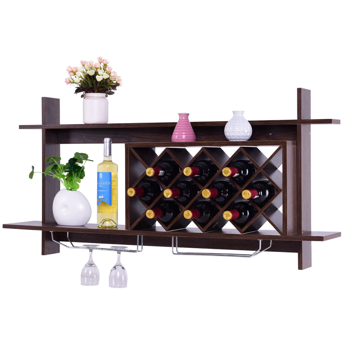 Wall Mount Wine Rack with Glass Holder & Storage Shelf-Walnut, photo 6 of 8