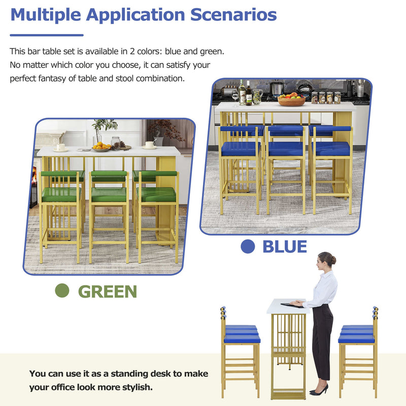 7-Piece Multi-Functional Modern Counter Height Dining Bar Table Set with Open Shelves and 6 Upholstered Stools for Dining Room, Bar and Cafe (White and Blue)