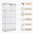 4-Tier Glass Display Cabinet, Double Door Glass Cabinet, Four Partitions, Two Locks, Floor Standing Storage Cabinet for Living Room, Bedroom, Showroom and Office, White, 31.5"L x 14.2"W x 66.3"H