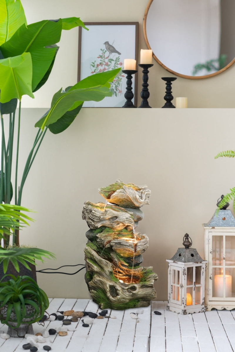 18.9x16.1x30.3" Decorative 5 Tier Wood Rock Inspired Water Fountain with Lights and Pump, Brown