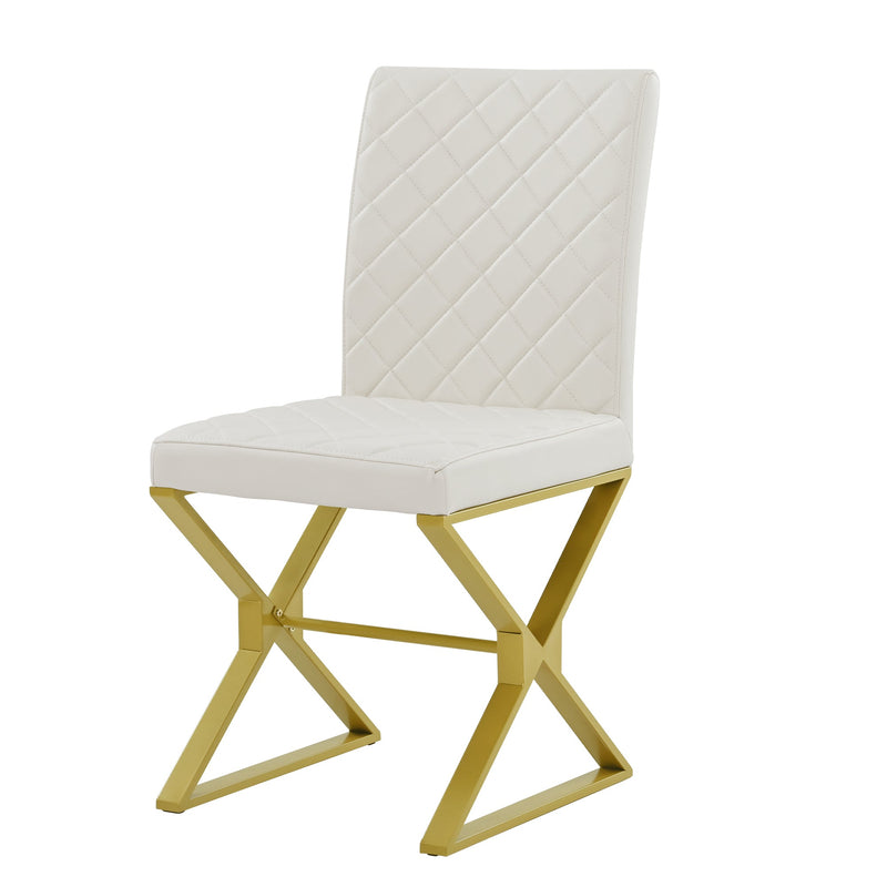 7-Piece Modern Dining Table Set, Rectangular Marble Texture Kitchen Table and 6 PU leather Chairs with X-Shaped Gold Steel Pipe Legs for Dining Room (White)