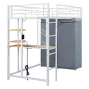 Loft Bed With Desk, Shelves, Power Outlet, LED Light And Wardrobe