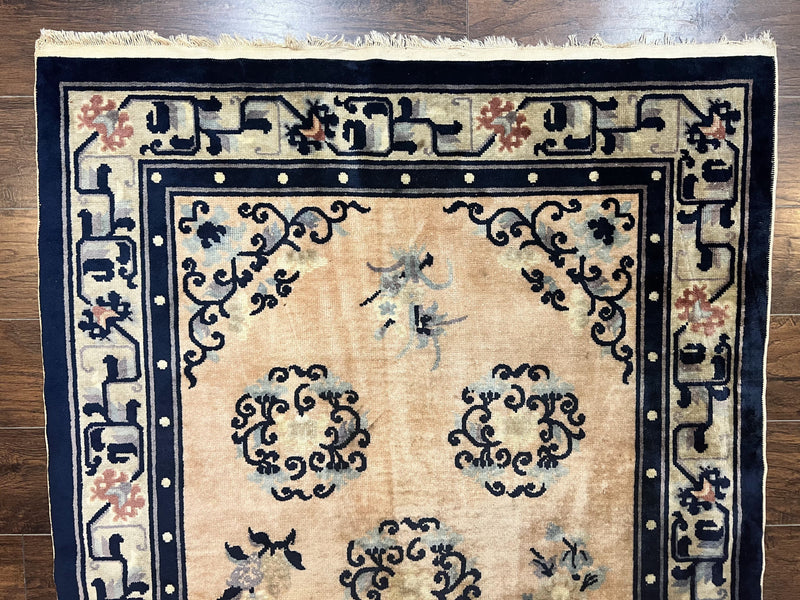 Chinese Peking Rug 4x6, Wool Hand Knotted Handmade Vintage Semi Antique Carpet, Semi Open Field, Light Peach & Navy Blue, Art Deco Rug