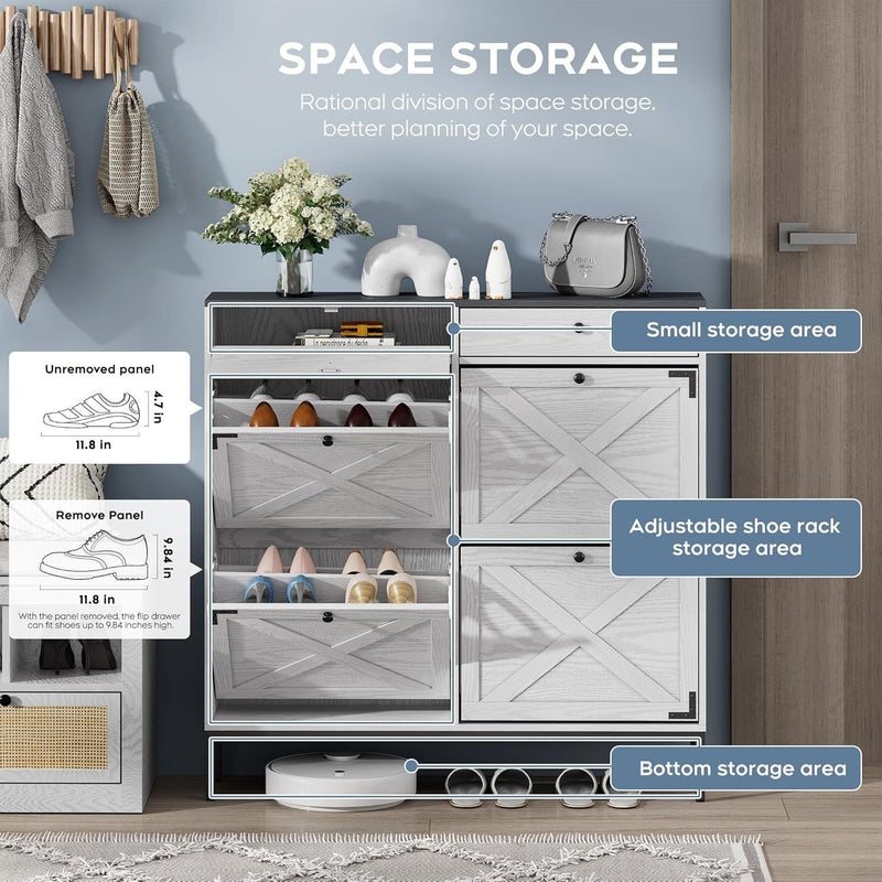 Large Shoe Cabinet with 4 Flip Drawers, Freestanding Shoe Cabinet Organizer with Metal Drawer Bracket, Shoes Storage Cabinet for Entryway, Narrow Shoe Rack Cabinet, White