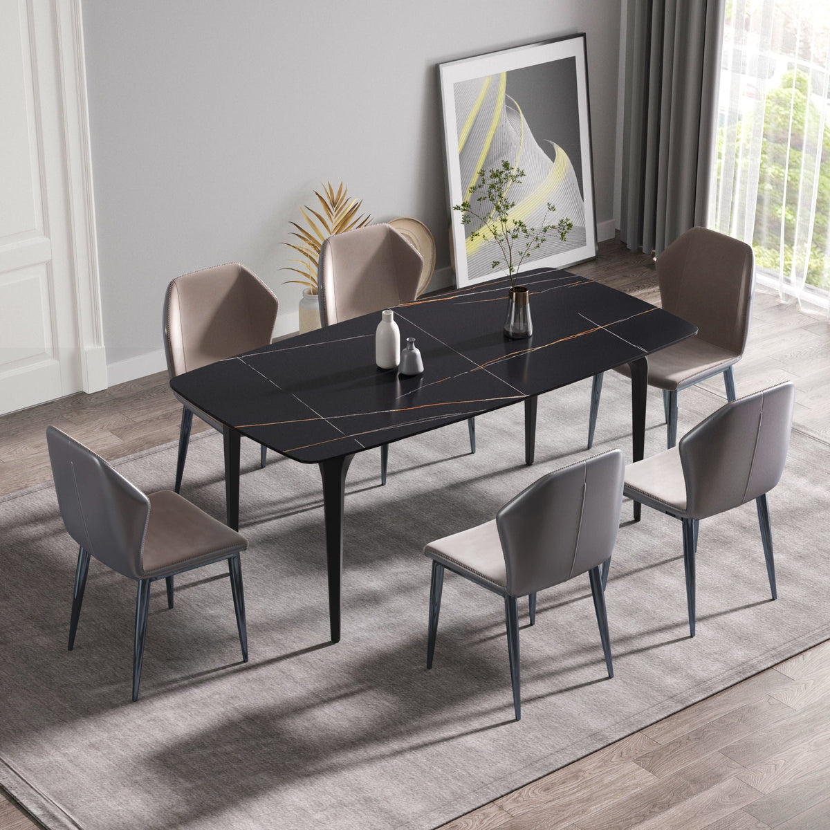 70.87" Modern Artificial Stone Curved Metal Leg Dining Table, Can Accommodate 6-8 People, photo 5 of 7