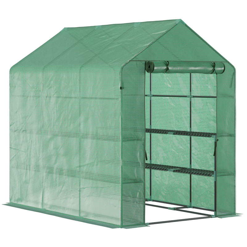 7' x 5' x 6.5' Walk-in Greenhouse, PE Cover, 3-Tier Shelves, Steel Frame Hot house, Roll-Up Zipper Door for Flowers, Vegetables, Saplings, Tropical Plants, Green