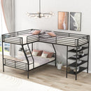 L-Shaped Twin Over Full Bunk Bed And Twin Loft Bed With 4 Built In Shelves - Black by HouseOfZazla