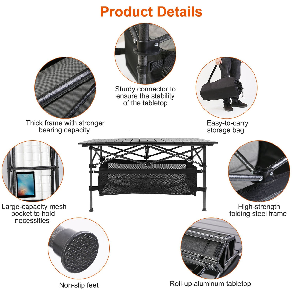 Folding Camping Table Portable Lightweight Aluminum Roll-up Picnic BBQ Desk with Carrying Bag Heavy Duty Outdoor Beach Backyard Party Patio, photo 6 of 9